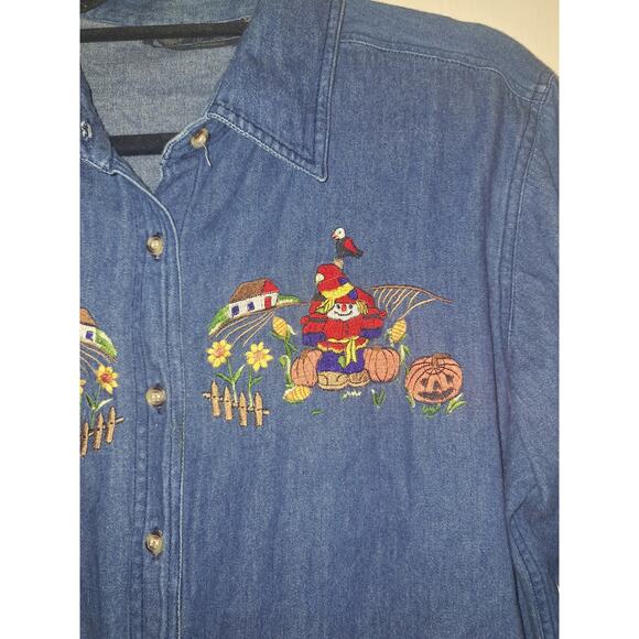 Vintage Denim Cotton Longsleeve Size Medium Halloween Fall Festival Autumn Shirt - Picture 3 of 5